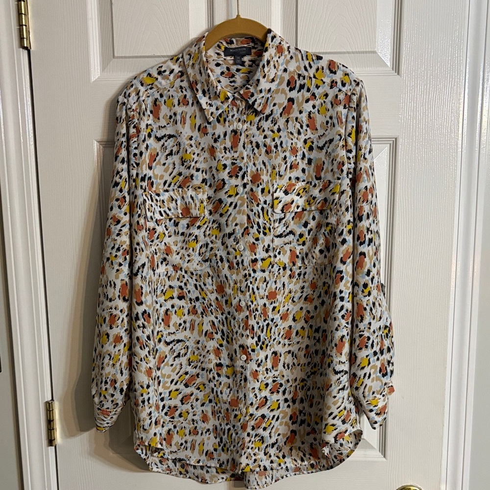 Madison Curvy Animal-Print Blouse in Black, Brown, Mustard, Cream